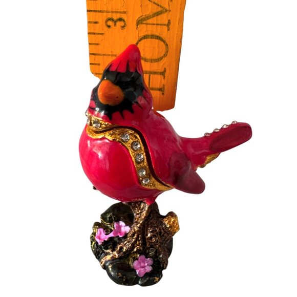 Jeweled Red Cardinal Trinket Box With Rhinestones & Floral Base - Picture 3 of 4